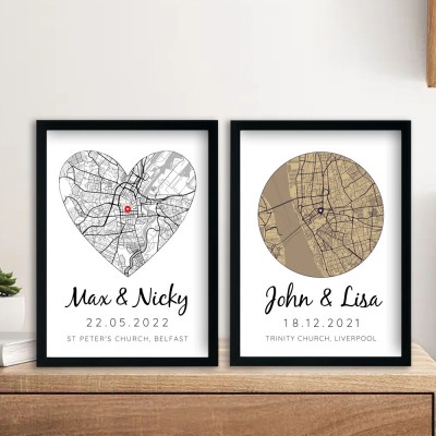 Personalised Minimalist OS Map Location Print Wedding Love Anniversary Gift for Wife Couples