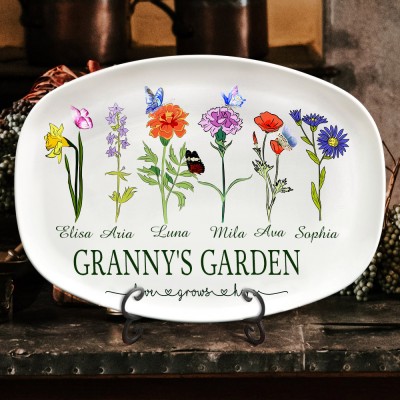 Grandma Birth Month Flower Garden Plate Personalised Family Platter Unique Gift Ideas for Mum Grandma