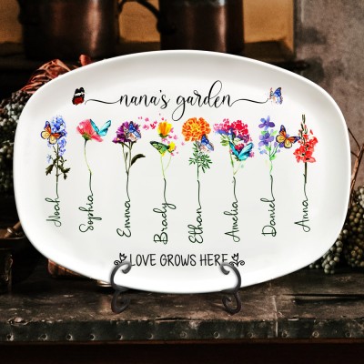 Custom Grandma's Garden Plate With Grandkids Names Family Birth Flower Platter Unique Gifts for Grandma Mum