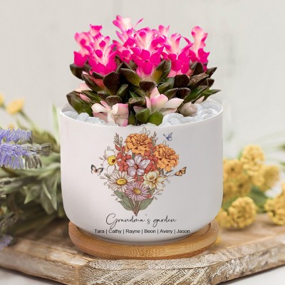 Custom Family Birth Flower Bouquet Plant Pot with Kids Names Mother's Day Gift Ideas