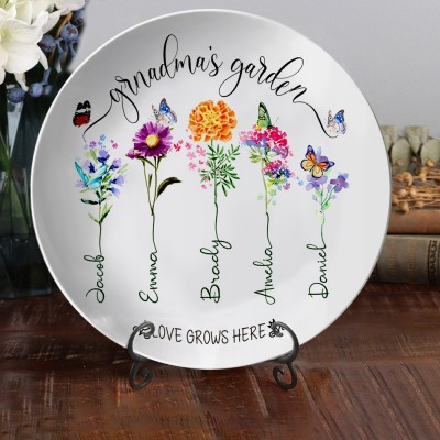 Personalised Nana's Garden Birth Flower Platter Engraved with Kids Names Unique Gifts for Grandma Mum