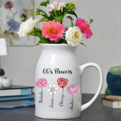 Custom Nana's Birth Flower Vase With Grandkids Names Mother's Day Gift Personalised Garden Gifts For Mum Grandma