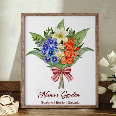 Personalised Grandma's Garden Art Print Birth Flowers Bouquet Frame With Kids Names Love Gift For Mum Grandma Mother's Day Gift