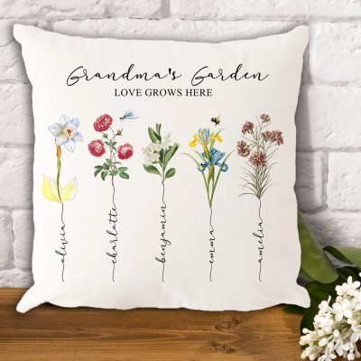 Custom Grandma's Garden Pillow with Grandkids Names Gift for Mum Grandma Birthday Gift  