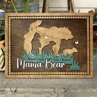 Personalised Mama Bear Wood Sign with Kids Names Love Gift Ideas For Mum Grandma