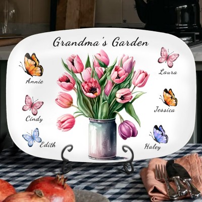 Mum's Garden Butterfly Flower Platter with Kids Names Customised Plate for Mum Christmas Gifts