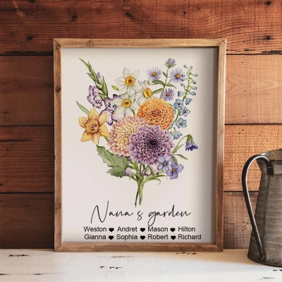 Personalised Family Birth Flower Bouquet Names Art Print Gifts for Grandma Mum Nana Wife Her