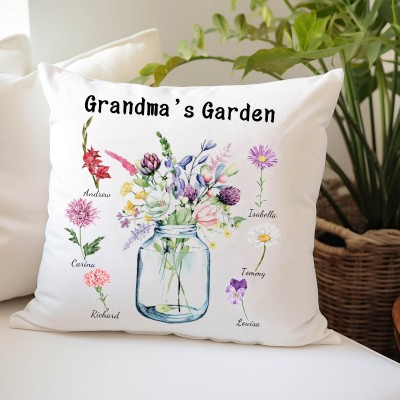 Grandma's Garden Custom Birth Flower Pillow with Grandkids Names Christmas Gifts Unique Gift Ideas for Mum Grandma