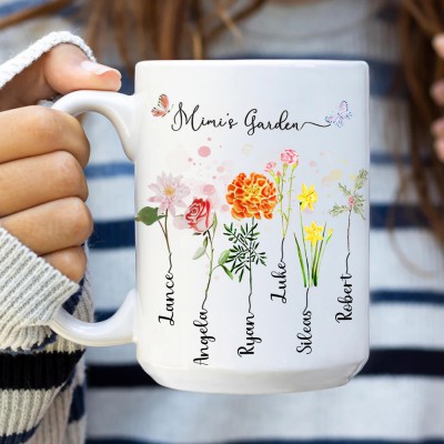 Personalised Grandma's Garden Birth Flower Mug with Kid Names Love Gift Ideas for Grandma Mum Unique Mother's Day Gift