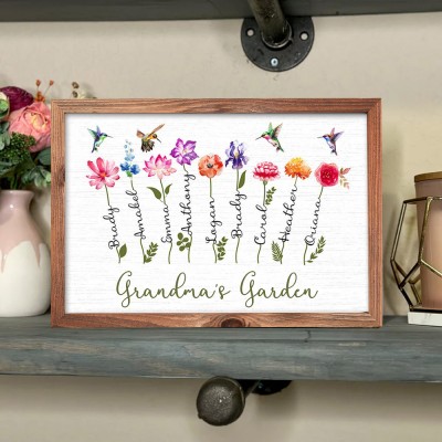 Personalised Grandma's Garden Birth Flower Frame with Names Love Gift For Mum Grandma Wife Her