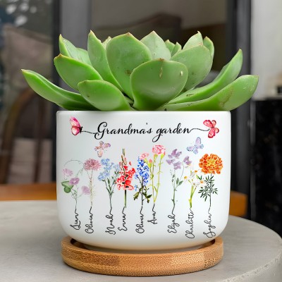 Personalised Nana's Garden Birth Month Flower Plant Pot with Names Unique Birthday Gifts For New Mum Grandma Nana Her