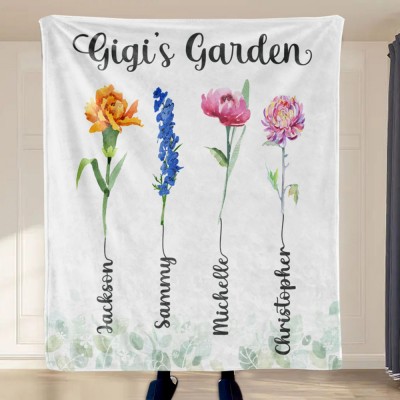 Personalised Gigi's Garden Birth Flower Blanket with Grandkid Names Gift for Gigi Grandma Mum