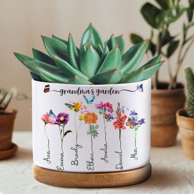 Personalised Nana's Garden Birth Flower Pot Engraved with Kids Names Unique Gifts for Grandma Mum