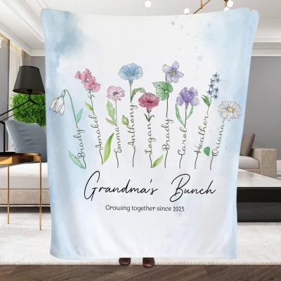 Personalised Grandma's Bunch Birth Month Flower Blanket with Kids Names Great Gift Ideas For Grandma Mum