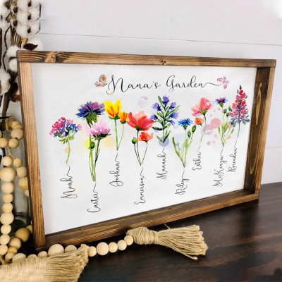 Engraved Wood Birth Flower Nana's Garden Sign with Grandkids Name Personalised Mother's Day Gifts