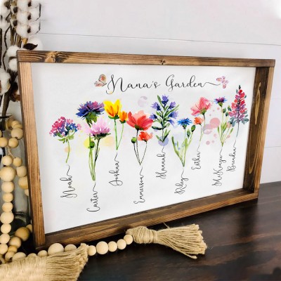 Personalised Wood Birth Flower Nana's Garden Grandkids Name Engraved Sign Gift For Grandma Mum Wife Her