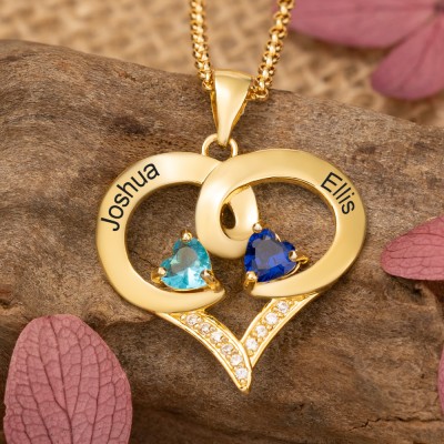 Personalised Heart Aries Shaped Couple Necklace With Names and Birthstones Unique Gifts For Girlfriend Birthday Keepsake Gifts For Wife Special Valentine's Day Gift