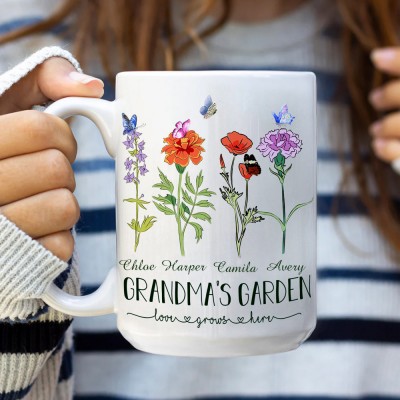 Grandma's Garden Birth Month Flower Personalised Mug with Kids Names Unique Gift Ideas for Mum Grandma Christmas Gift Family Gift