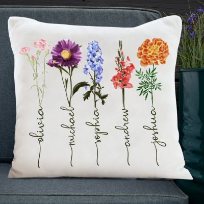 Personalised Family Garden Birth Month Flower Pillow with Engraved Names Love Gift for Grandma Mum Birthday Gift for Her