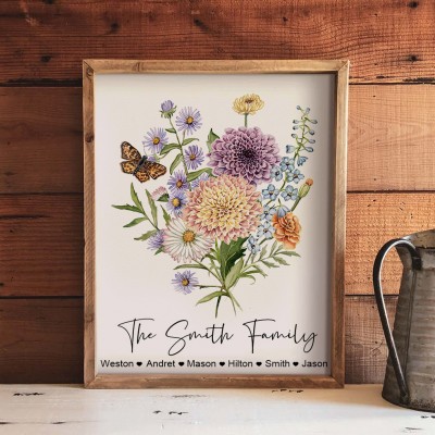 Personalised Mum's Garden Birth Month Flower Bouquet Family Names Art Print Gifts for Mum Grandma Wife Her