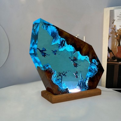 Fire Dragon and Ice Dragon Resin Ocean Wood Lamp