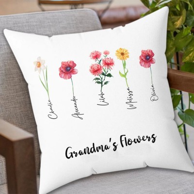 Personalised Birth Month Flower Nana Pillow with Kids Names Mother's Day Gift