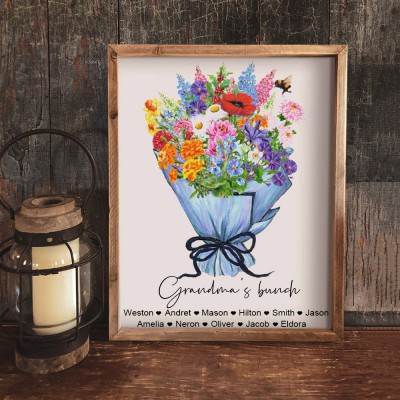 Personalised Birth Flower Bouquet Print with Names Family Birthday Gifts For Grandma Wife Mum Her