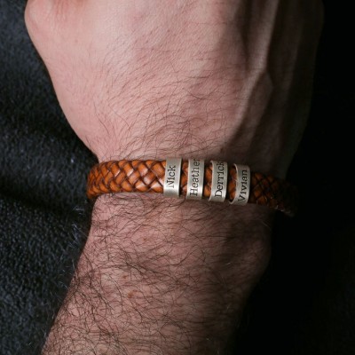 Custom Men Engraved Name Leather Bracelet With Silver Beads Father's Day Gift Meaningful Gift for Dad