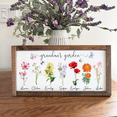 Personalised Grandma's Garden Birth Flower Wood Frame Sign with Names Gift For Grandma Mum Wife Her