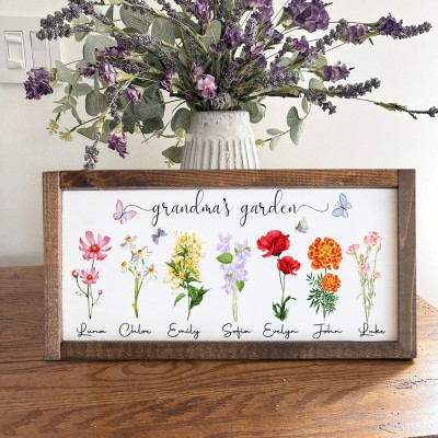 Personalised Grandma's Garden Birth Flower Wood Frame Sign with Grandkids Names Gift Ideas for Grandma Mum Christmas Gifts Mother's Day Gifts