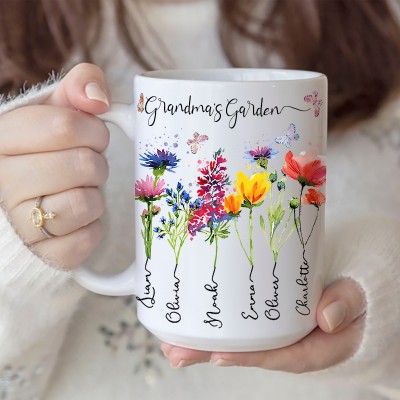 Personalised Mum's Garden Birth Month Flower Mug with Kids Names Unique Gifts for Mum Grandma Birthday Gifts for Her