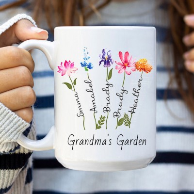 Custom Birth Flower Mug with Kids Names Grandma's Garden Gift Ideas Christmas Gifts for Mum Grandma