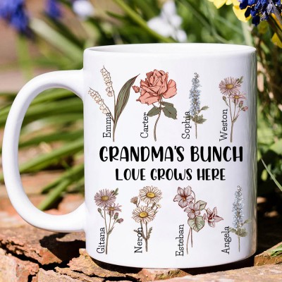 Personalised Grandma's Bunch Birth Flower Mug with Kids Names Gift Ideas for Mum Grandma