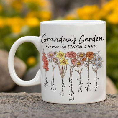 Personalised Grandma's Garden Birth Month Flower Mug with Family Names Gifts Ideas for Grandma Mum