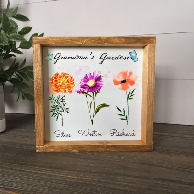 Personalised Grandma's Garden Birth Flower Wood Frame Sign with Names Gifts For Grandma Mum Her