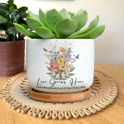 Custom Mum's Garden Outdoor Plant Pot With Birth Flower Bouquet And Kids Names Gift For Mum Grandma Mother's Day Gift Ideas