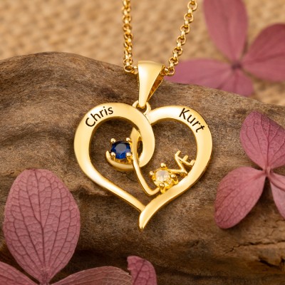 Personalised Heart Shaped Necklace with 2 Names and Birthstones Love Gift Ideas for Girlfriend Wife Couple Gifts for Her