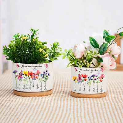 Personalised Grandma's Garden Birth Month Flower Mini Succulent Plant Pot with Kids Names Gift Ideas for Grandma Mum