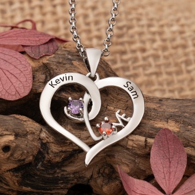 Personalised To My Soulmate Heart Shaped Couple Necklace With Engraved Names and Birthstones Design Unique Gift For Girlfriend Birthday Gift For Wife Valentine's Day Gift For Lover