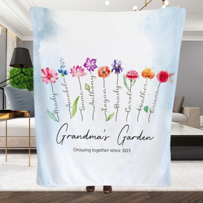 Personalised Grandma's Garden Blanket with Family Month Flower Art Print Gift for Grandma Mum