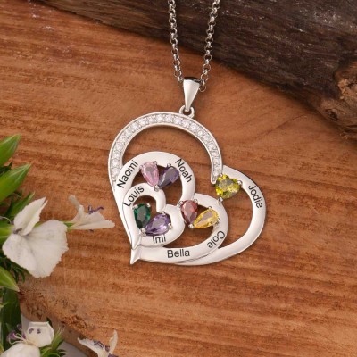 Personalised Heart Names Birthstones Necklace Love Family Anniversary Gift For Mum Grandma Wife Her