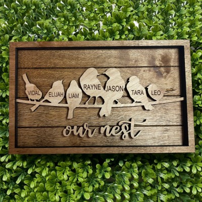 Personalised Our Nest Family Bird Frame Wood Family Sign with Kids Names Gift for Mum Grandma 