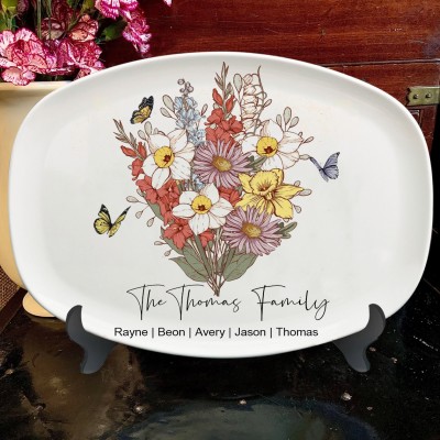 Custom Mum's Garden Birth Flower Bouquet Platter With Kids Names Love Gift For Mum Grandma Mother's Day Gift Ideas