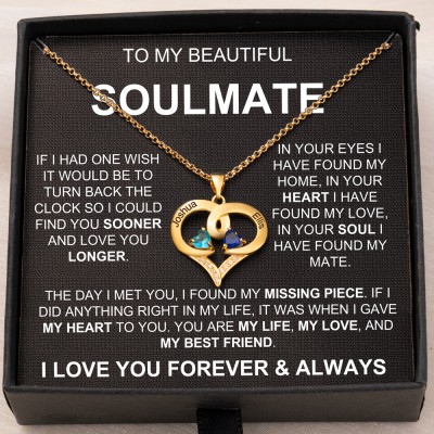 Personalised To My Soulmate 2 Names and Birthstones Necklace Anniversary Gifts For Wife Women Soulmate