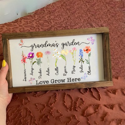 Personalised Birth Month Flower Family Name Sign Gift for Grandma Mum