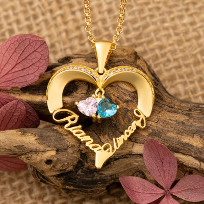 Personalised 3D Names Birthstone Heart Shape Couple Necklace Anniversary Gifts For Soulmate Girlfriend Wife Her