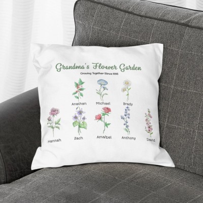Grandma's Flower Garden Custom Pillow with Grandkids Names Gift for Mum Grandma