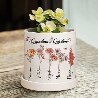 Custom Granny's Garden Outdoor Plant Pots With Birth Flowers And Names Personalised Gift For Mum Grandma Mother's Day Gift