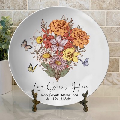 Personalised Grandma's Garden Birth Flower Bouquet Platter Keepsake Gift For Mum Grandma Mother's Day Gift