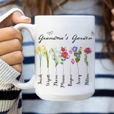 Custom Grandma With Grandkids' Names and Birth Month Flowers Mug Grandma's Garden Mug Gift Ideas for Mum Grandma